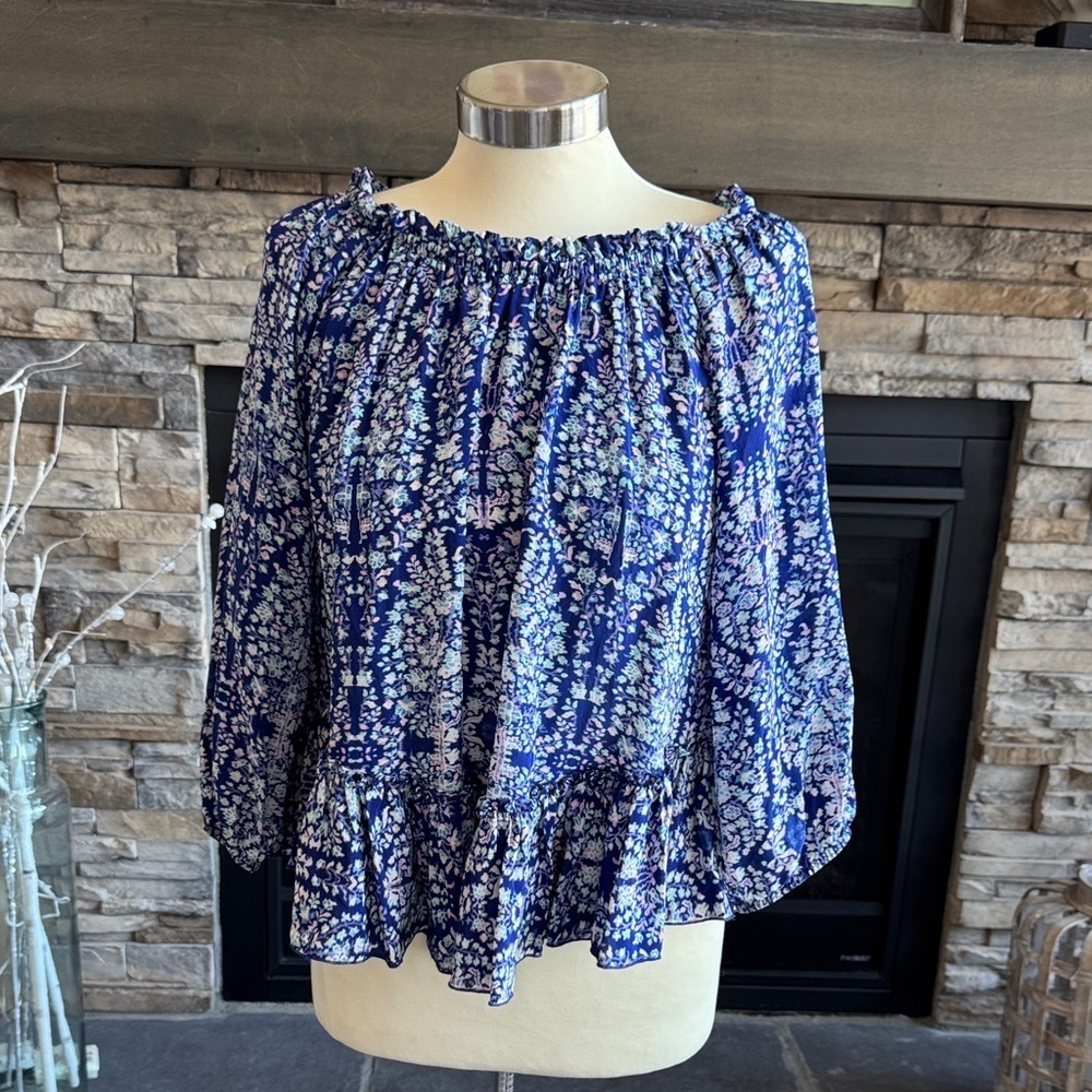 Rebecca Taylor Blue Floral Off-Shoulder Blouse